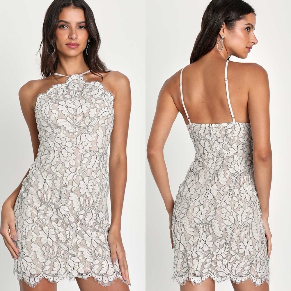 Lulus | Delicate Darling Beige and Ivory Lace Bodycon Dress